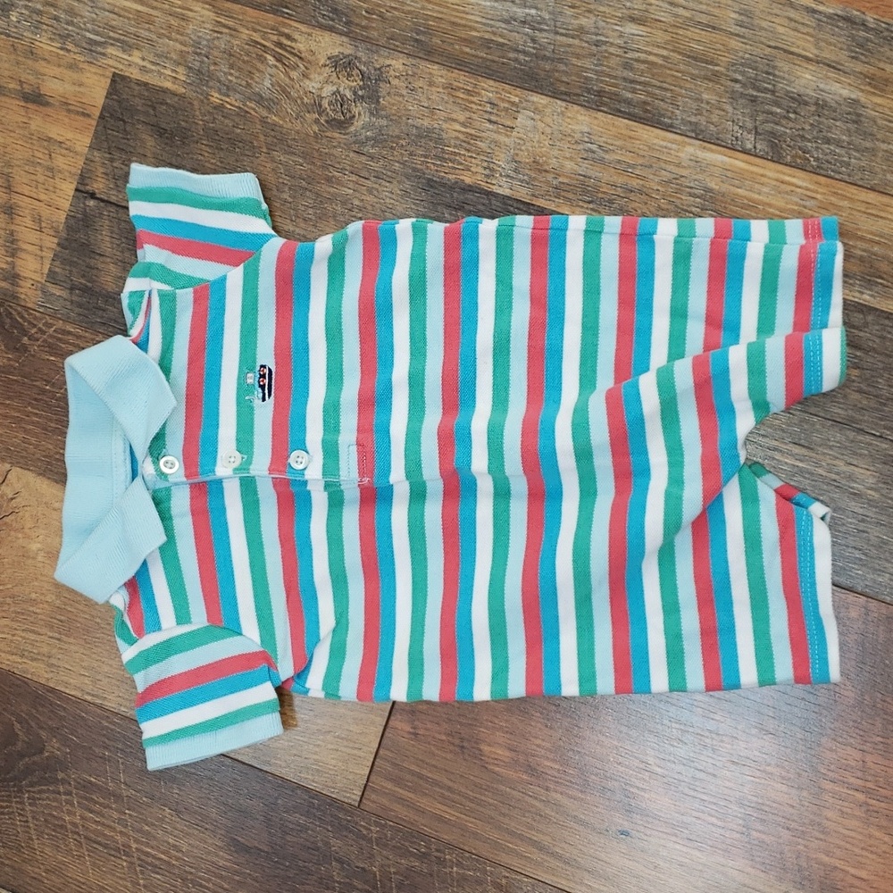 Crown & Ivy Green, Blue, Red, and White Striped Collared Romper, Size 6 Months
